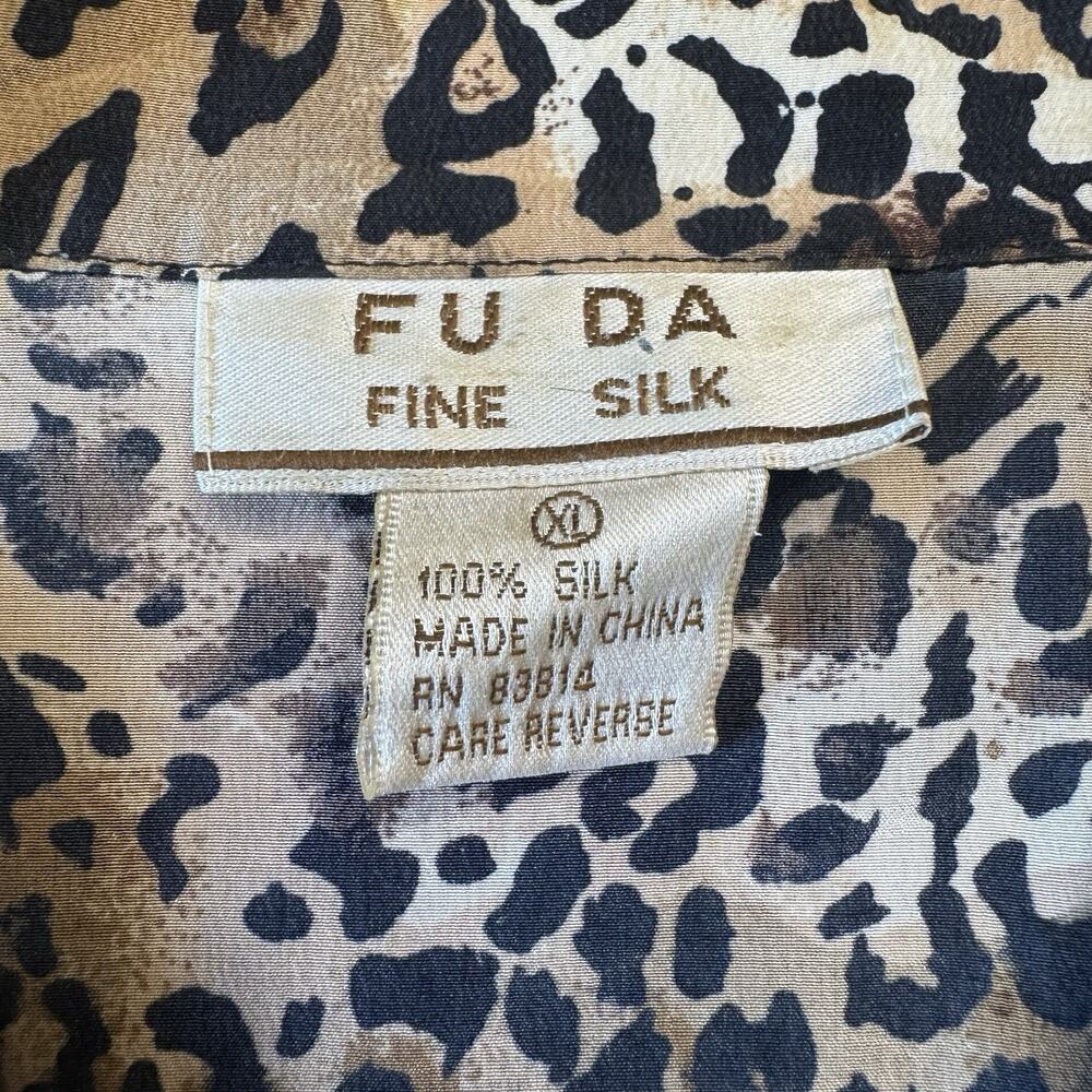 Vintage FU DA Fine Silk Button Front Shirt Womens XL Leopard Print Old Money - Picture 2 of 5
